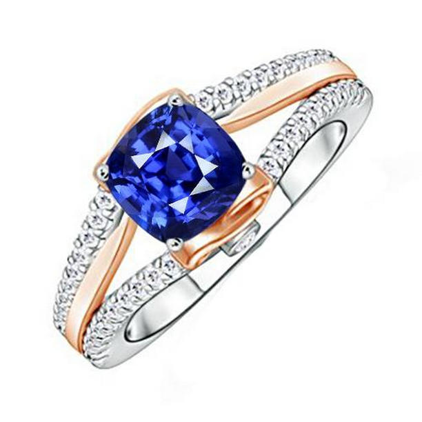 Picture of Harry Chad Enterprises 65950 2.50 CT Two Tone Diamond Engagement Ring with Cushion Blue Sapphire, Size 6.5