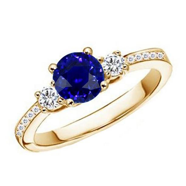 65954 Diamond Blue Sapphire 2 CT 3 Stone Style Gemstone Ring, Yellow Gold - Size 6.5