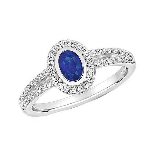 2.50 CT Diamond Bezel Set Oval Ceylon Sapphire Gemstone Halo Ring, Size 6.5
