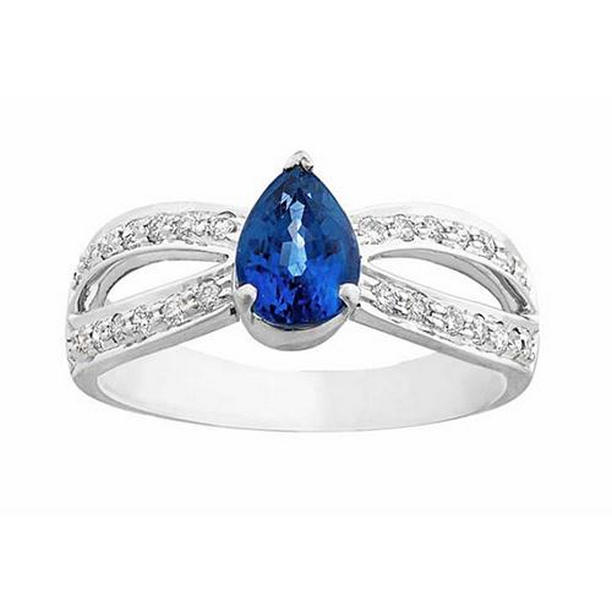 65959 3.50 CT Pear Blue Sapphire Solitaire Ring with Diamond Accents, Size 6.5