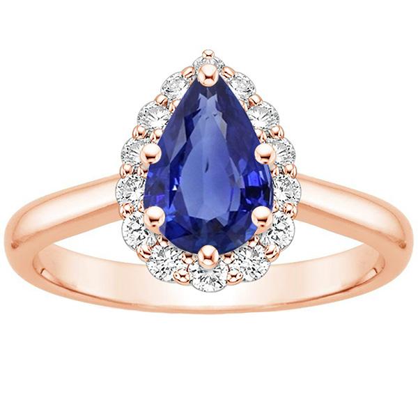 66403 3.75 CT Rose Gold Pear Shape Blue Sapphire & Diamonds Halo Ring, Size 6.5