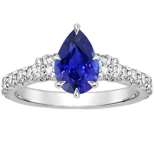 66407 3.50 CT 3 Stone Ring with Accents Pear Blue Sapphire & Diamonds, Size 6.5