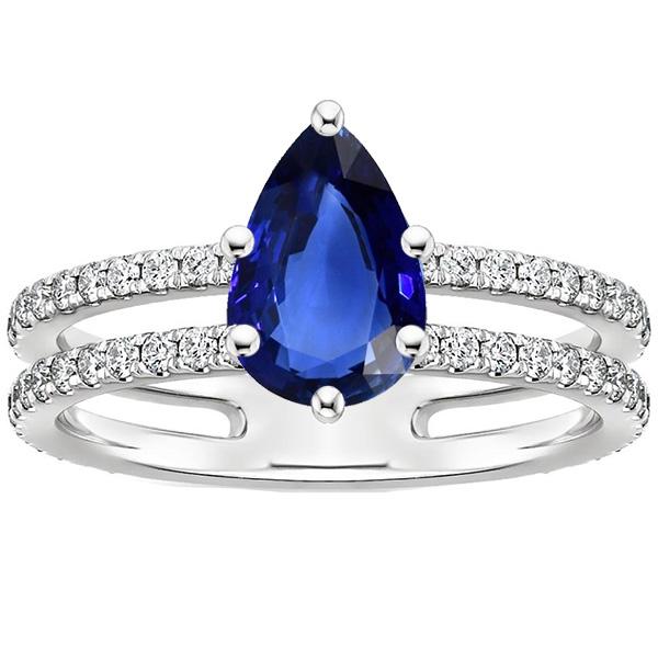 66409 4 CT Solitaire Accents Double Shank Blue Sapphire & Diamonds Ring, Size 6.5
