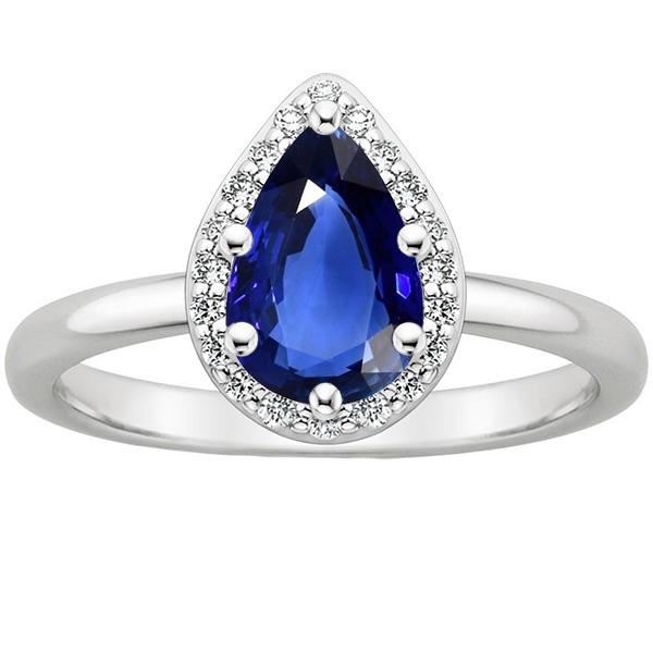 66415 3 CT Pear Sri Lankan Sapphire & Diamonds Halo Ring, Size 6.5