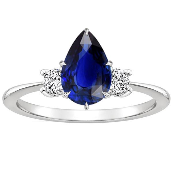 66419 4 CT Engagement 3 Stone Pear Ceylon Sapphire & Diamonds Ring, Size 6.5