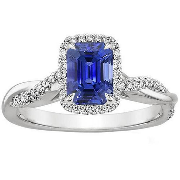 66425 4.25 CT Halo Twist Style Emerald Ceylon Sapphire & Diamonds Ring, Size 6.5