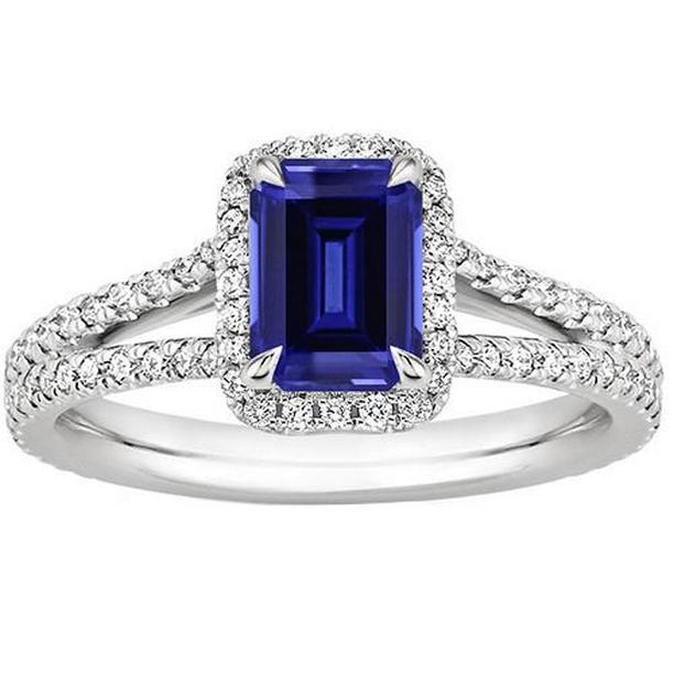66431 4 CT Split Shank Emerald Ceylon Sapphire & Diamonds Halo Ring, Size 6.5