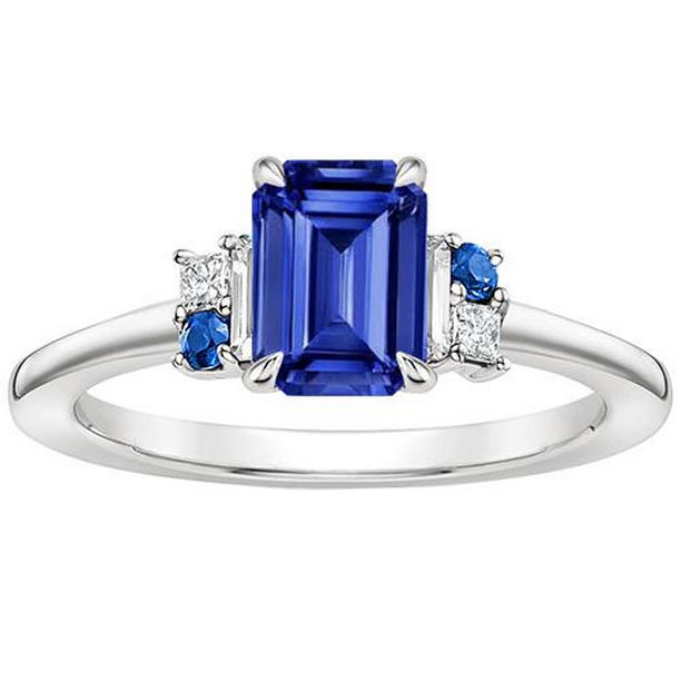 66437 3 CT Solitaire with Accents Blue Sapphires & Diamonds Ring, Size 6.5