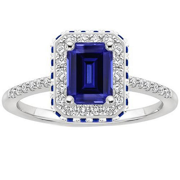 66438 4.25 CT Diamond Halo Ring with Blue Sapphires on Side Emerald, Size 6.5