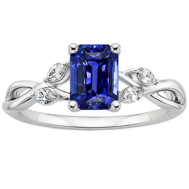 66442 4 CT Radiant Blue Sapphire Solitaire Ring with Marquise Diamonds, Size 6.5