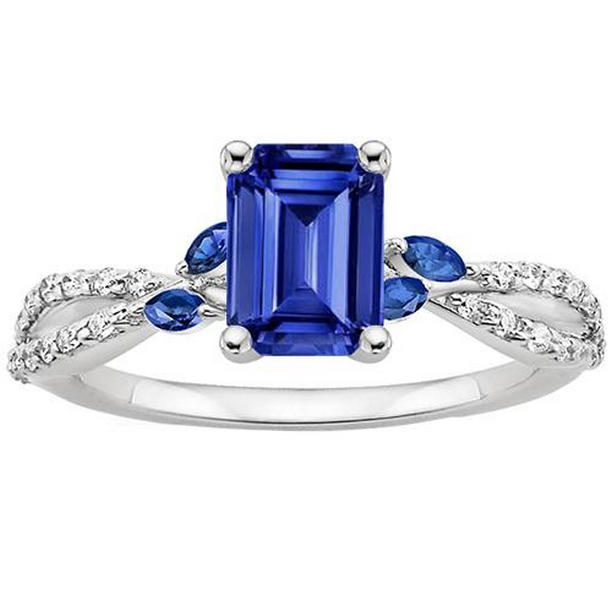 66444 4 CT Solitaire with Accents Emerald & Marquise Blue Sapphires Ring, Size 6.5