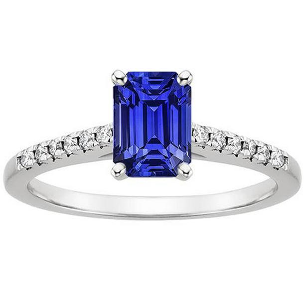 4 CT Blue Sapphire Solitaire Ring with Accents Pave set Diamonds, Size 6.5