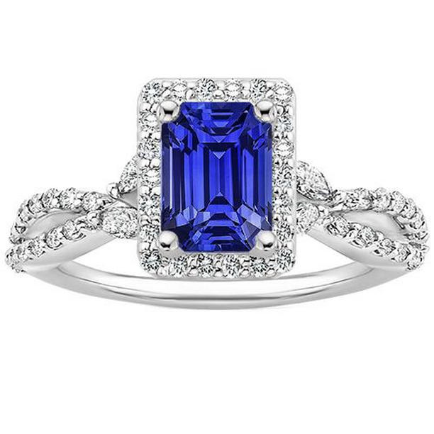 4.50 CT Halo Split Shank Emerald Ceylon Sapphire & Diamonds Ring, Size 6.5