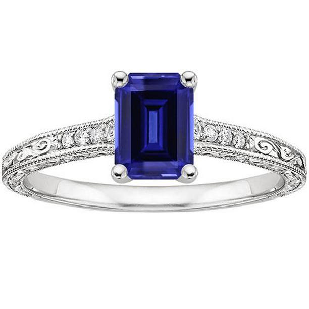 66454 3.50 CT Blue Sapphire Solitaire Ring with Diamonds Milgrain Shank, Size 6.5