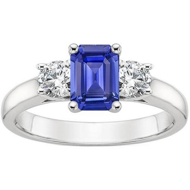 66455 3.50 CT Three Stones Emerald Sri Lankan Sapphire & Diamonds Ring, Size 6.5