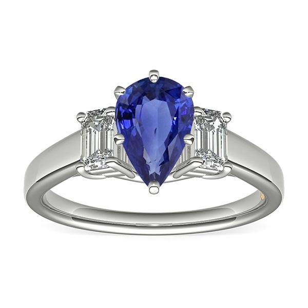 66917 Three Stone Pear SriLanka Sapphire 2 CT & Emerald Diamonds Ring, Size 6.5