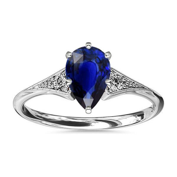 1.75 CT White Gold 3 Stone Pear Ceylon Sapphire & Diamonds Ring, Size 6.5