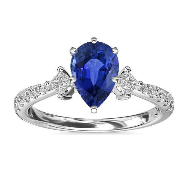 66928 3 CT Blue SriLanka Three Stone Diamond Accents Pear Sapphire Ring, Size 6.5