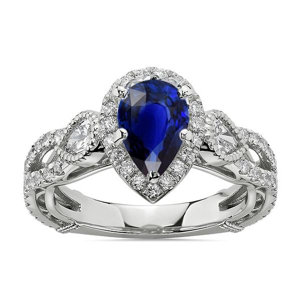 66950 4 CT White Gold Halo Blue Sapphire Ring & Diamonds, Size 6.5
