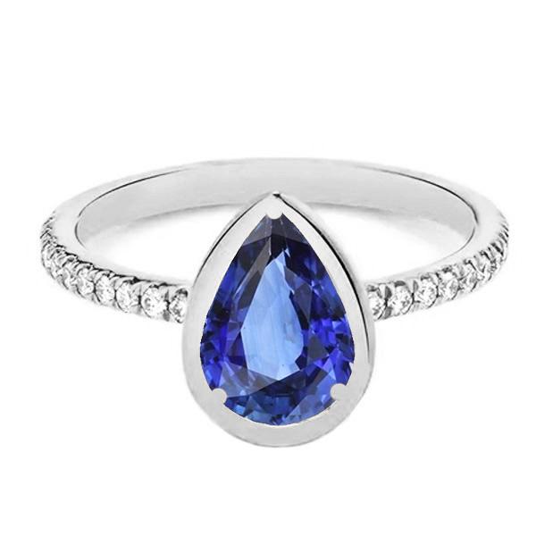 66956 3.50 CT Gemstone Bezel Set Blue Sapphire Ring & Diamonds, Size 6.5