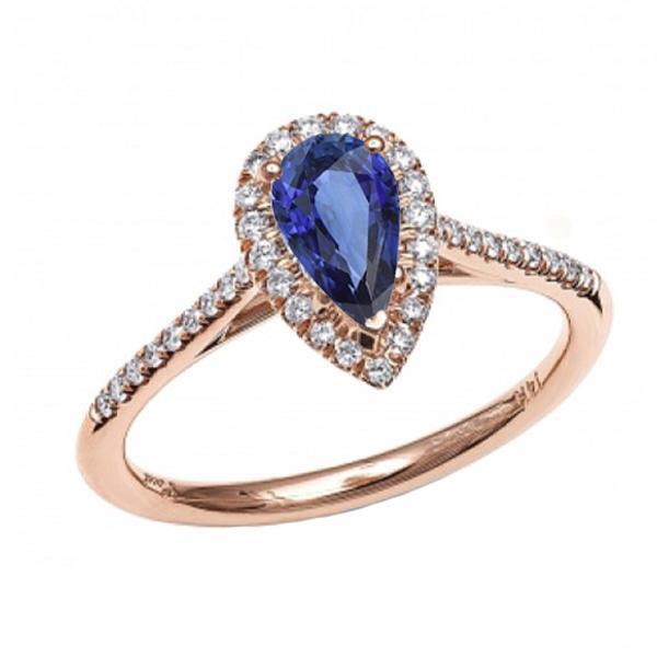 67366 Halo Pear Natural Blue 14K Rose Gold 3 CT Diamonds Sapphire Ring, Size 6.5