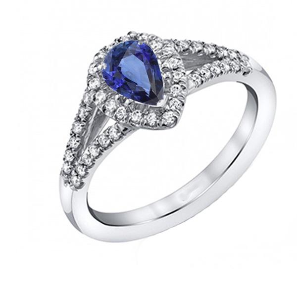 67369 2.50 CT Wedding Pear Ceylon Sapphire Double Shank Halo Ring, Size 6.5
