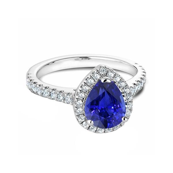 3.50 CT Blue Sapphire & Diamond Halo Pear Cut Ring, White Gold - Size 6.5
