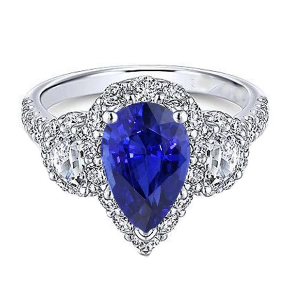 67372 4.50 CT Diamond Halo Pear Ceylon 3 Stone Style Sapphire Ring, Size 6.5