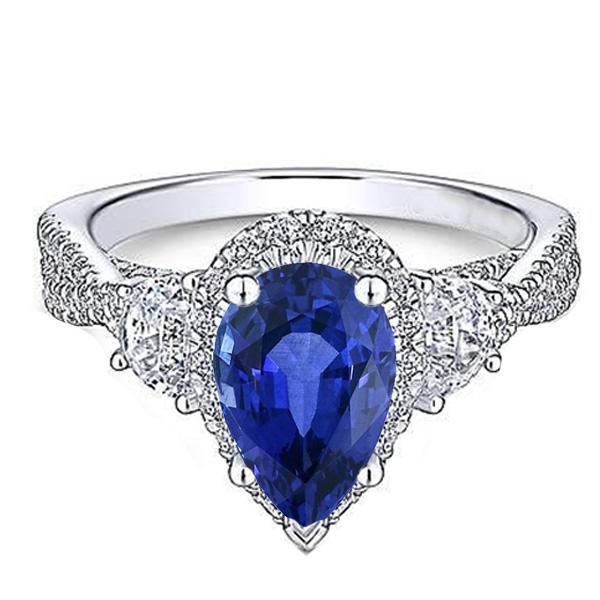 67375 4.50 CT Halo Gemstone Pear Blue Twisted Style Sapphire Ring, Size 6.5