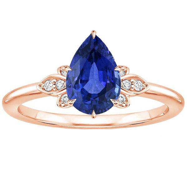 67377 3 CT Blue Sapphire Pear & Round Diamond Floral Style Gemstone Ring, Size 6.5