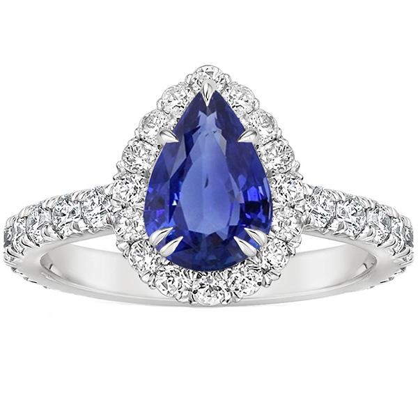 67379 Halo Blue Sapphire 4.50 CT & Pave Set Pear Anniversary Ring, Size 6.5