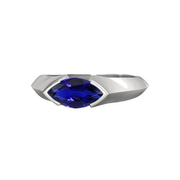 67391 1 CT White Gold Bar Set Marquise Ceylon Sapphire Solitaire Ring, Size 6.5