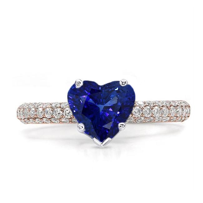 67396 3.50 CT Solitaire Heart Blue Sapphire Ring with Pave Set Diamonds, Size 6.5
