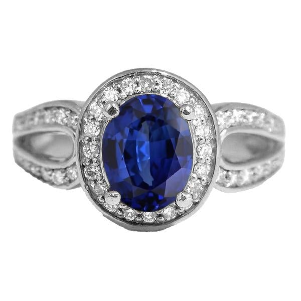 67399 4 CT Gold Oval SriLanka Sapphire Split Shank & Diamonds Halo Ring, Size 6.5