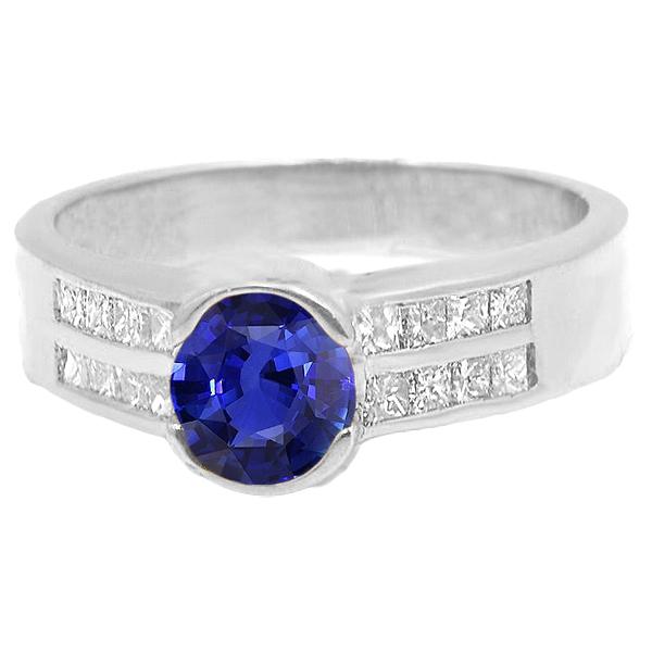 67408 2.50 CT Diamond Round Blue Sapphire Ring & Princess Cut Accents, Size 6.5