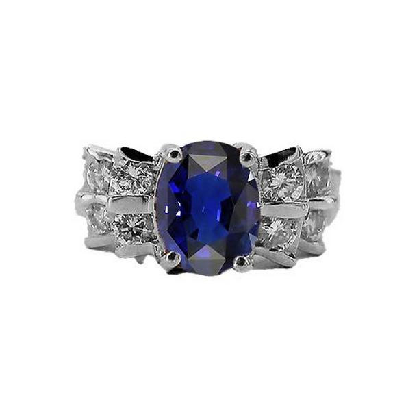 67413 Womens Oval Blue Sapphire 2.50 CT Bar Set Diamonds Wedding Ring, Size 6.5
