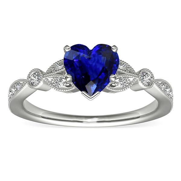 67873 Round Diamond Deep Blue 3 CT Leaf Style Milgrain Sapphire Ring, Size 6.5