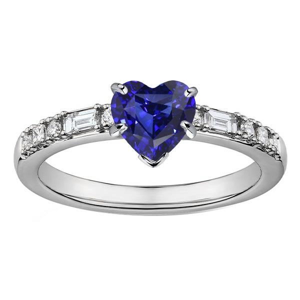 2.50 CT Gemstone Heart Baguette & Princess Diamonds Sapphire Ring, Size 6.5