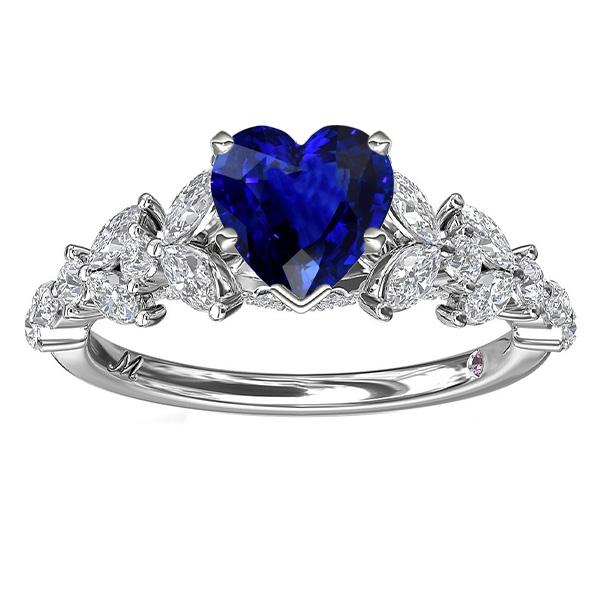 3.50 CT Marquise & Round Diamond Heart Cut Leaf Style Sapphire Ring, Size 6.5