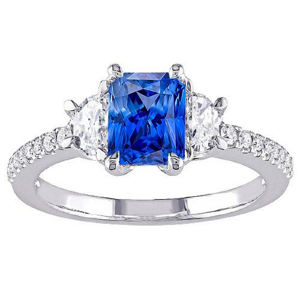 68311 3 CT 3 Stone Half Moon Diamond Blue Sapphire Ring with Accents, Size 6.5