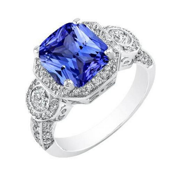 68313 Vintage Style Diamond Sapphire Radiant Cut 4.50 CT Milgrain Ring, Size 6.5