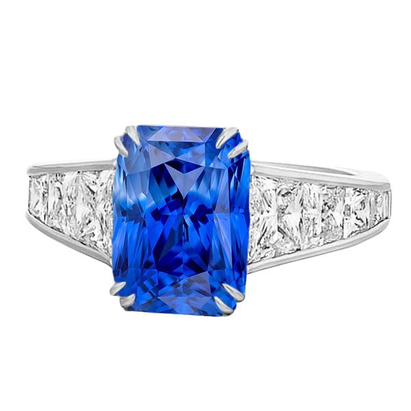68316 Radiant Sapphire 5 CT Channel Set Trapezoid Diamonds Wedding Ring, Size 6.5