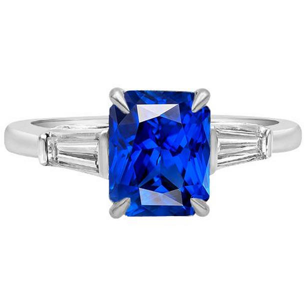 3 CT Baguette Diamonds Radiant Sapphire 3 Stone Anniversary Ring, Size 6.5