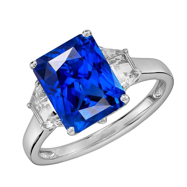 68320 4 CT 3 Stone Trapezoid Diamond & Radiant Cut Srilanka Sapphire Ring, Size 6.5