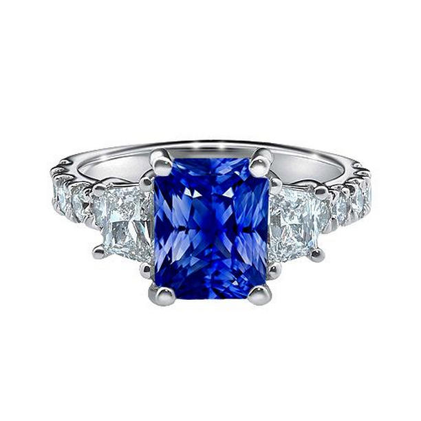 68322 3.50 CT Radiant Gemstone Trapezoid & Round Diamonds Sapphire Ring, Size 6.5