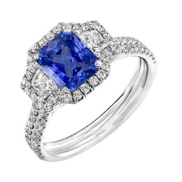 4 CT Round & Trapezoid Diamond Halo Sapphire Engagement Ring, Size 6.5