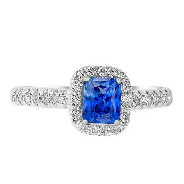 68331 Gemstone Halo 2.50 CT Scallop Set Diamonds Sapphire Ring, Size 6.5