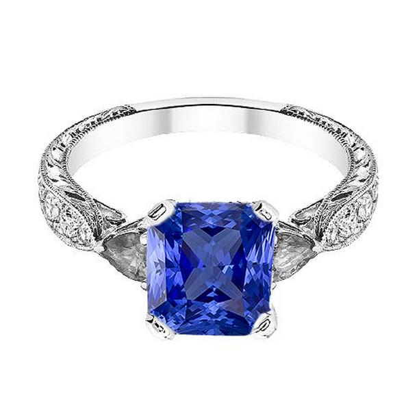 68335 Sapphire Gemstone Jewelry 3 CT Pear & Round Diamond Ring, Size 6.5