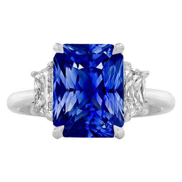 68342 3.50 CT Three Stone Gemstone Sapphire Ring with Radiant Diamonds, Size 6.5