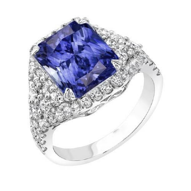 68343 Sapphire 4.50 CT Multi Row Pave Set Diamond Shank Gemstone Ring, Size 6.5